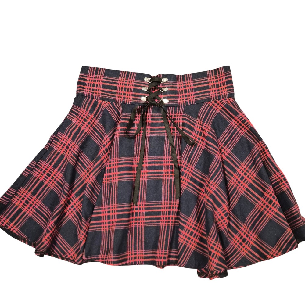 Romwe Red Plaid Lace Up Skater Skirt Navy Blue Tartan Mini Size L US 8/10